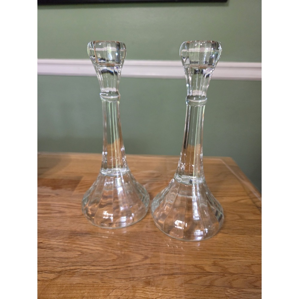 Pair of Clear Glass Candlestick Holders 7.75"